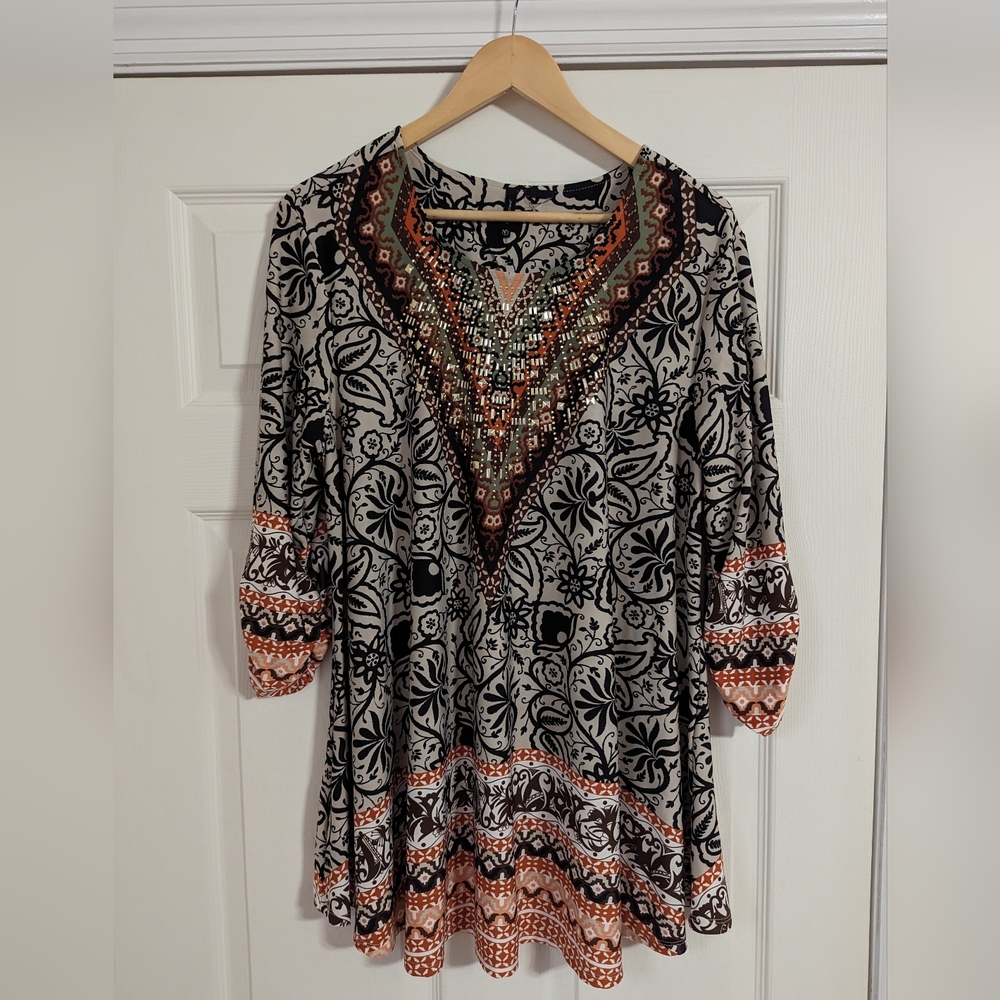 New Directions beige black brown gold accents Aline tunic top NO SIZE TAG